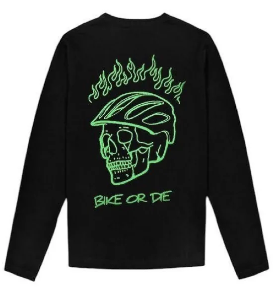 Glow In The Dark Long Sleeve T-shirt “Bike or Die” Original en Negro