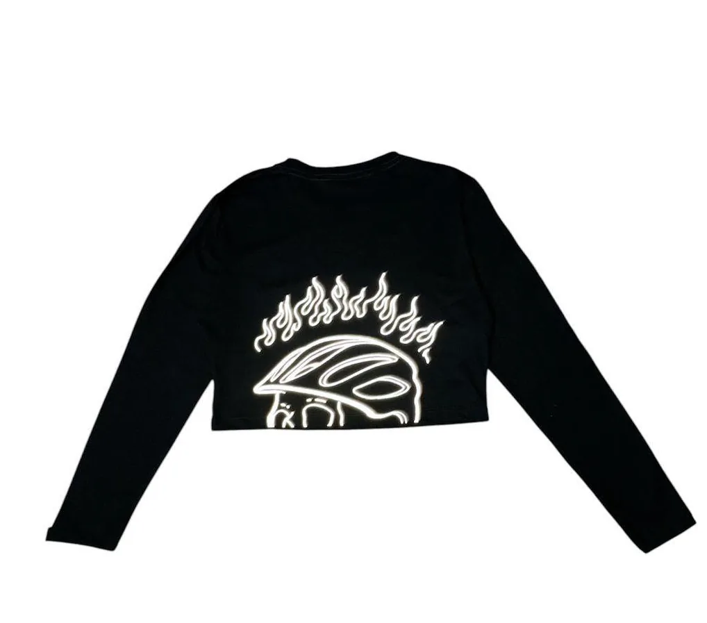 Reflective Long Sleeve Crop Top “Bike or Die” Cut en Negro — foto 2