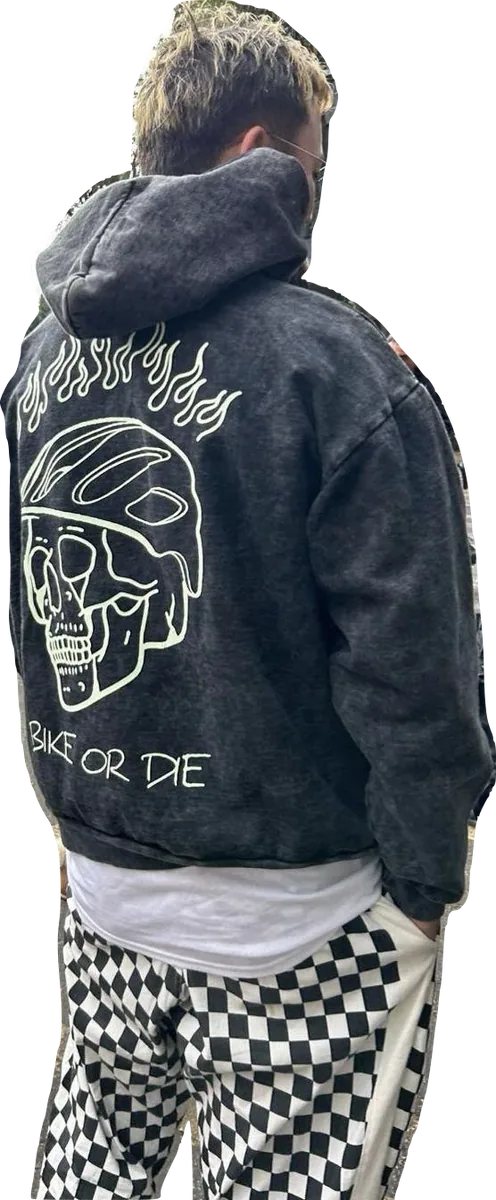 Vintage Washed Hoodie “Bike or Die” Original en Deslavado Gris — foto 2