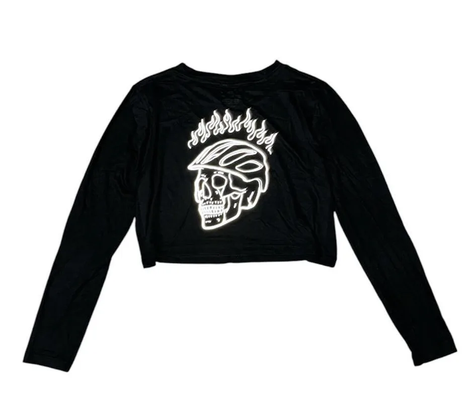 Reflective Long Sleeve Crop Top “Bike or Die” Original en Negro — foto 2