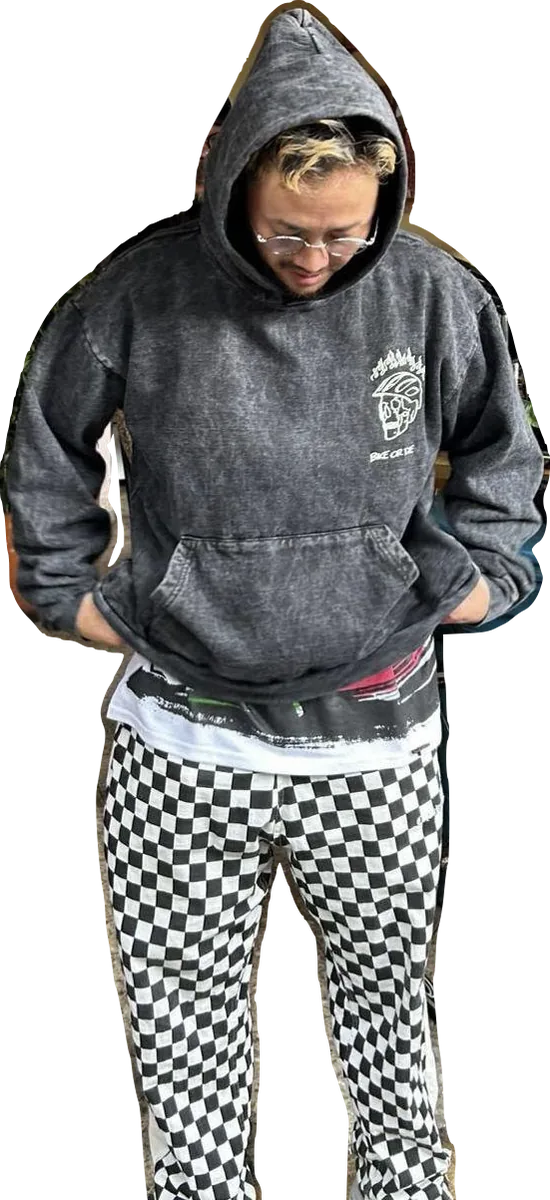 Vintage Washed Hoodie “Bike or Die” Original en Deslavado Gris