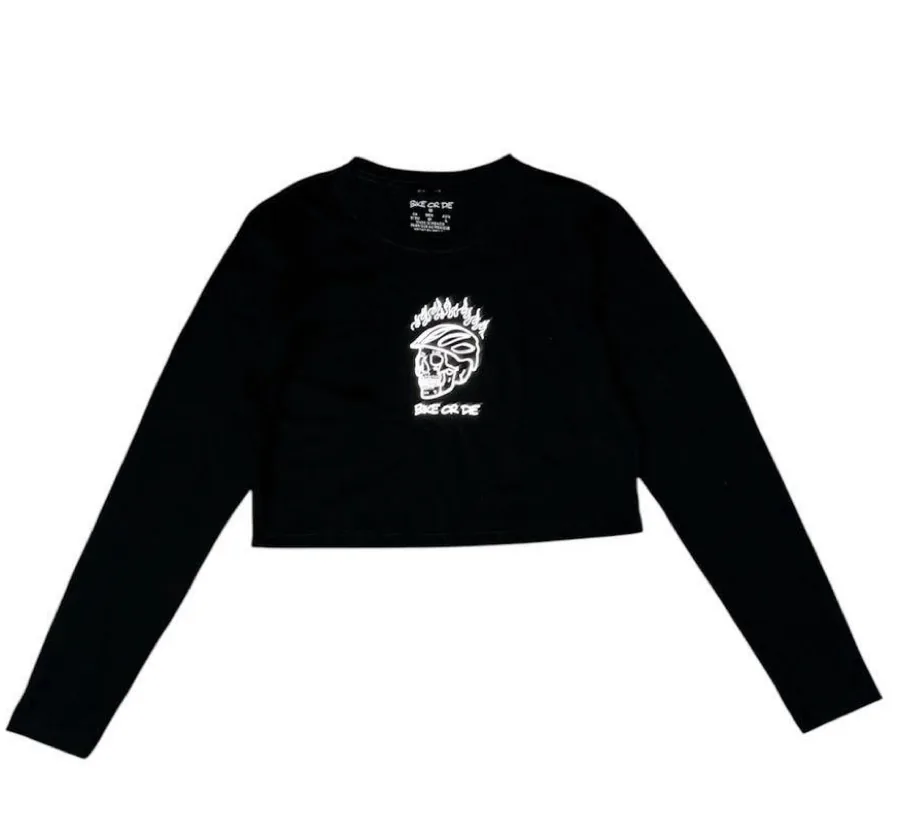 Reflective Long Sleeve Crop Top “Bike or Die” Original en Negro